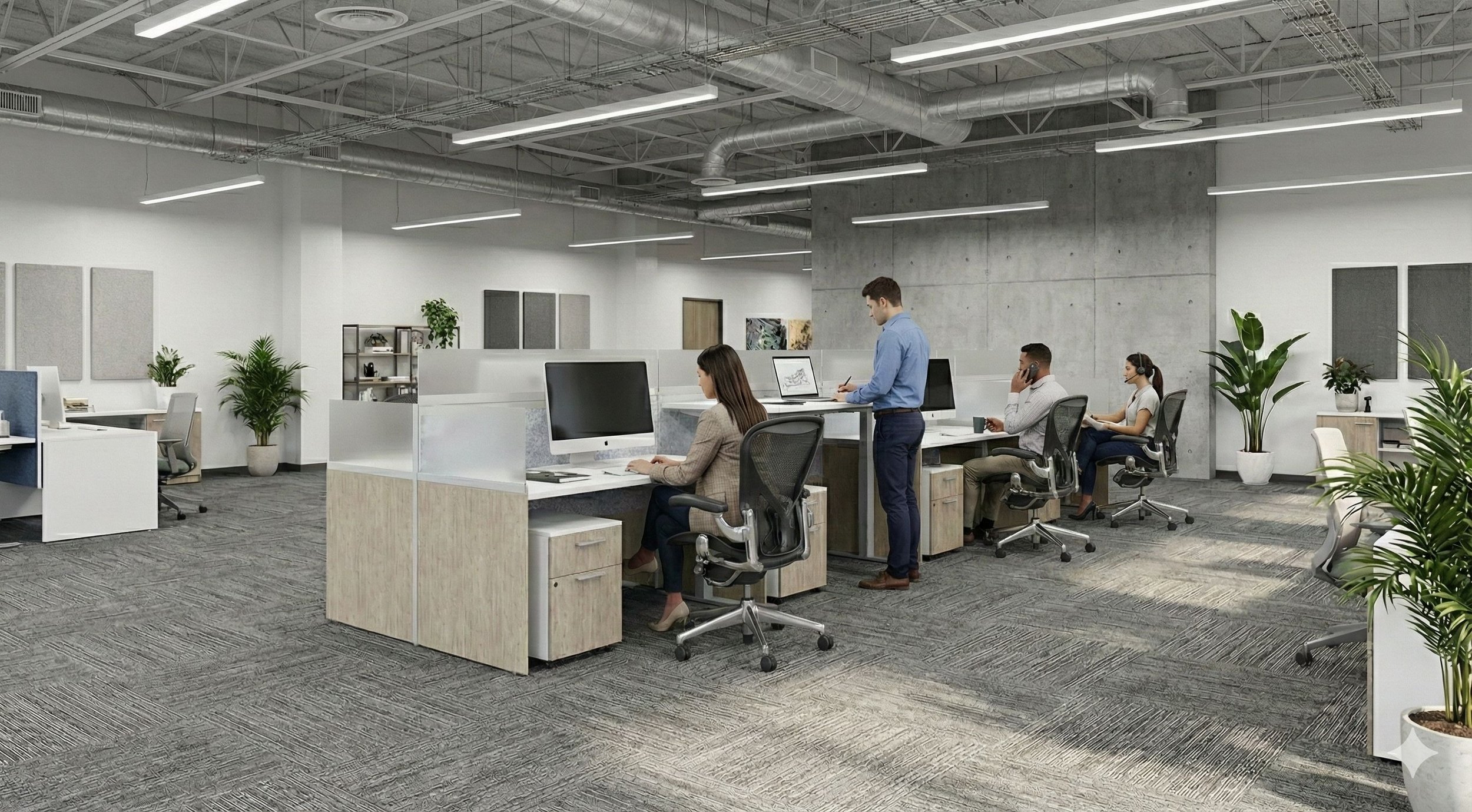 Modern open-plan office with four employees working at desks, some using computers and phones, surrounded by green plants and minimalist decor.