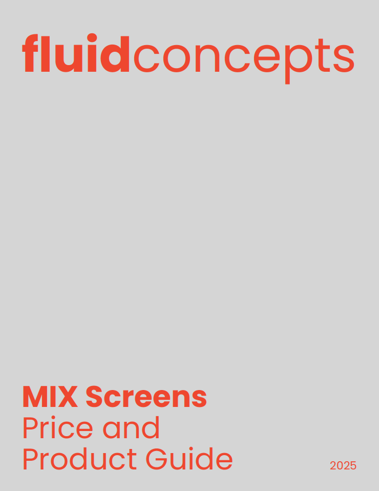 Cover page of a guide titled 'fluid concepts' with the subtitle 'MIX Screens Price and Product Guide 2025' in red text on a light gray background.