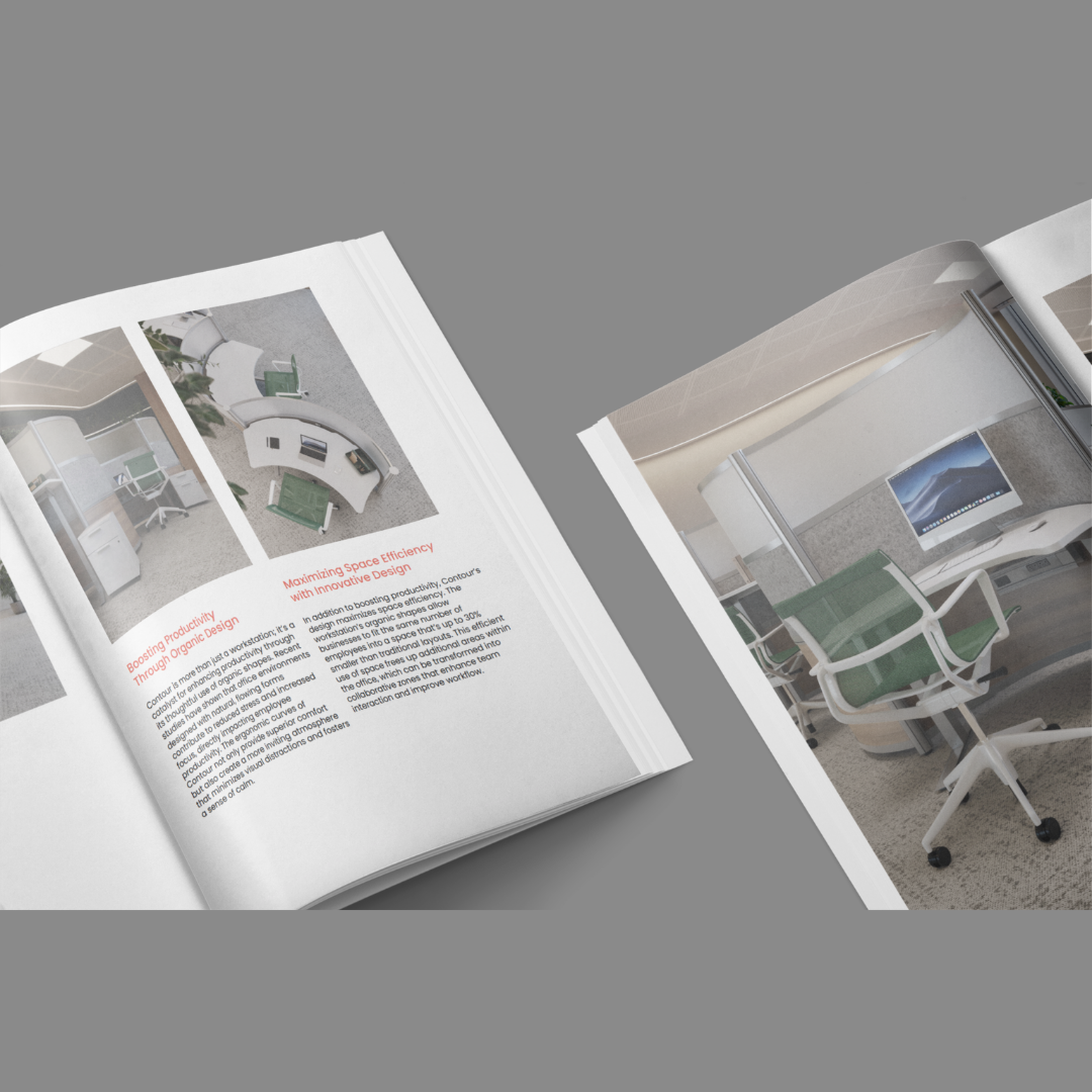 Open magazine displaying images and text about designing office spaces, with office furniture and a computer monitor visible in the pictures.