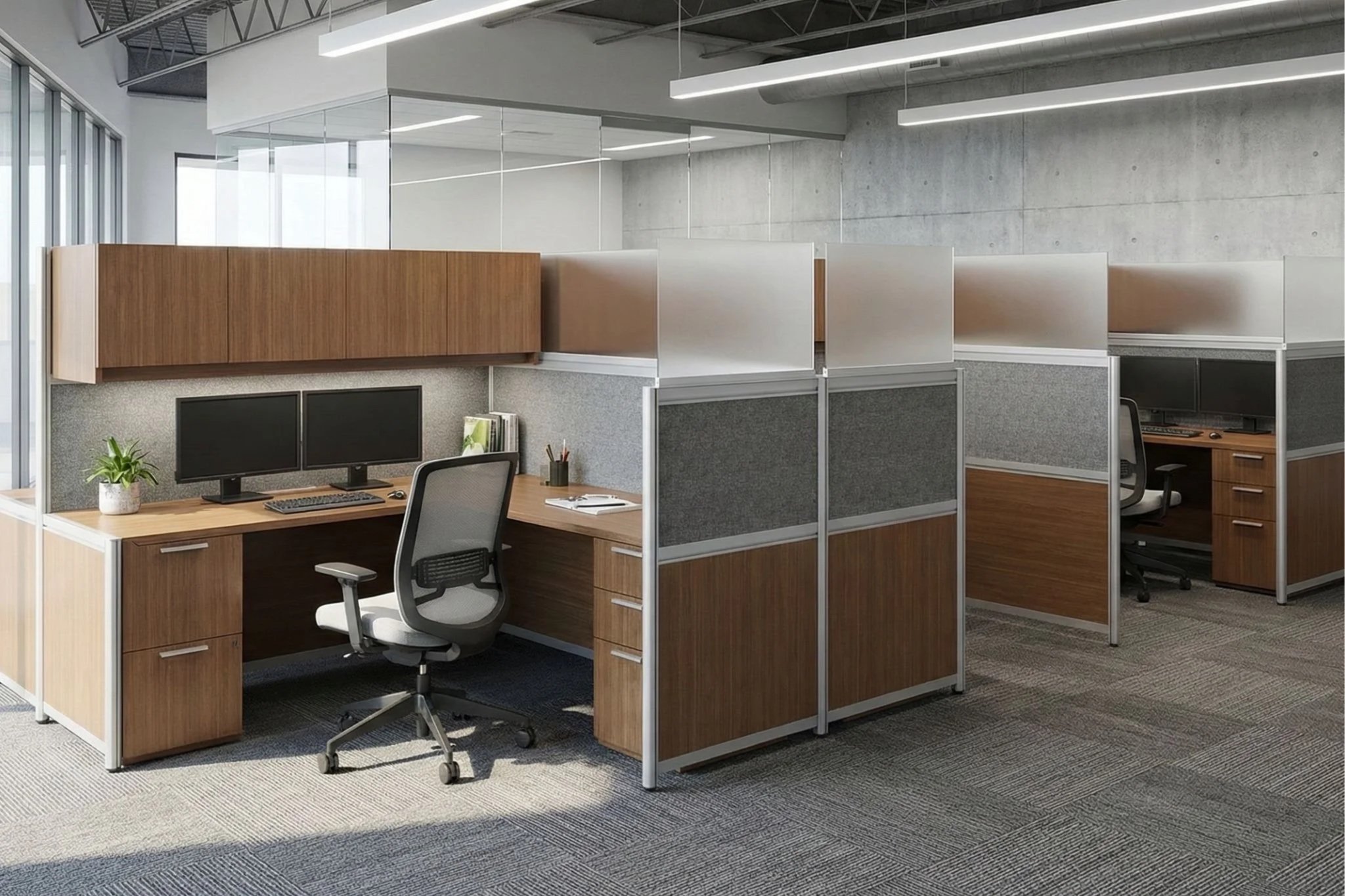 Office cubicles with wood and fabric panels, computer desks, chairs, dual monitors, a potted plant, and a gray carpeted floor, in a modern business environment.