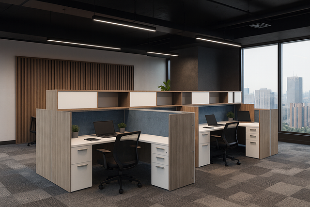 Modern office workspace with four cubicles, each with a computer, chair, and small plant, featuring a large window and city view.