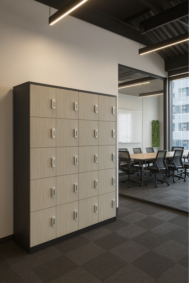 Locker cabinet in an office with a conference room in the background