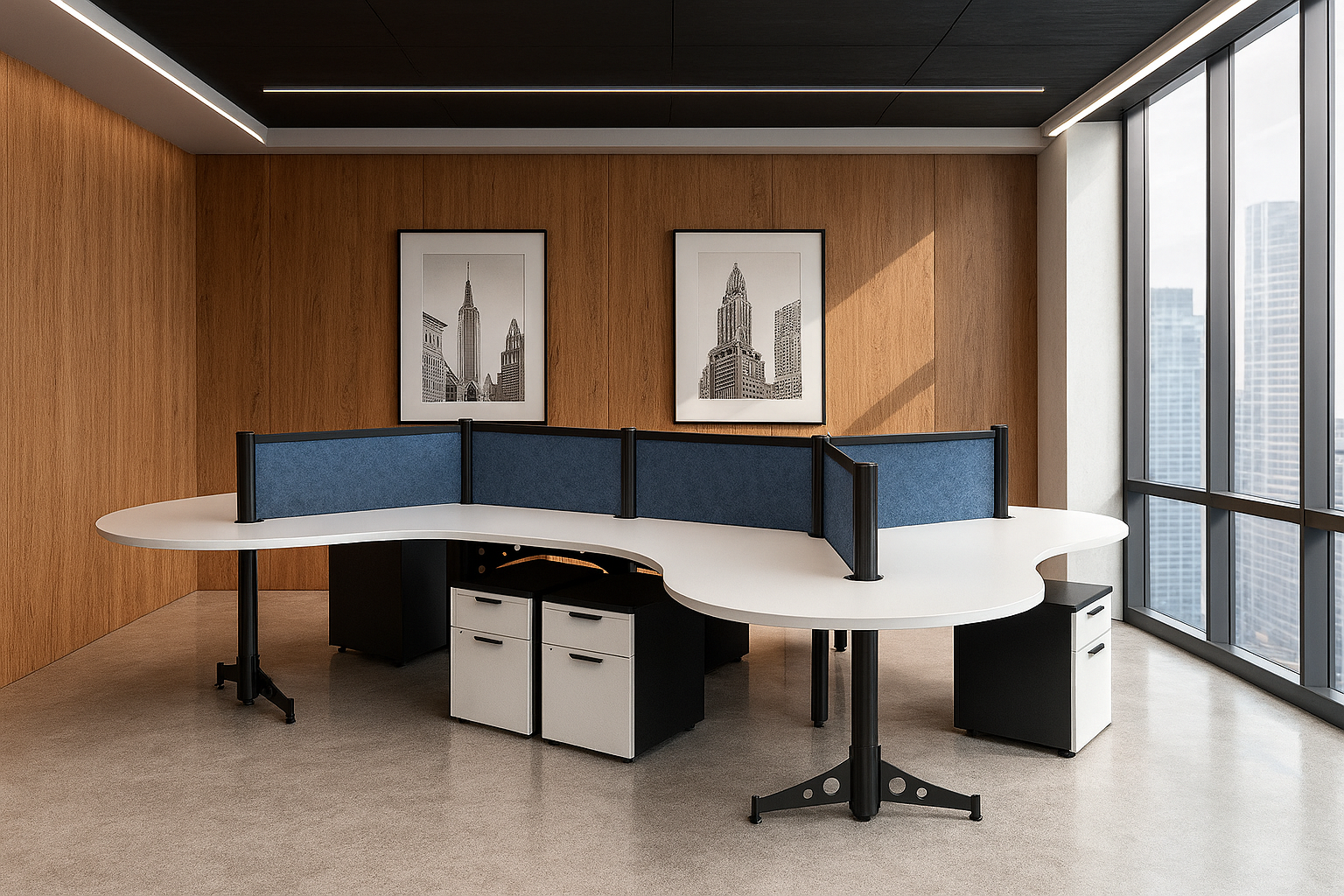 Modern office with a white curved desk, blue fabric partition panels, two small white filing cabinets, a wooden wall with black and white cityscape photos, and floor-to-ceiling windows showing skyscrapers.