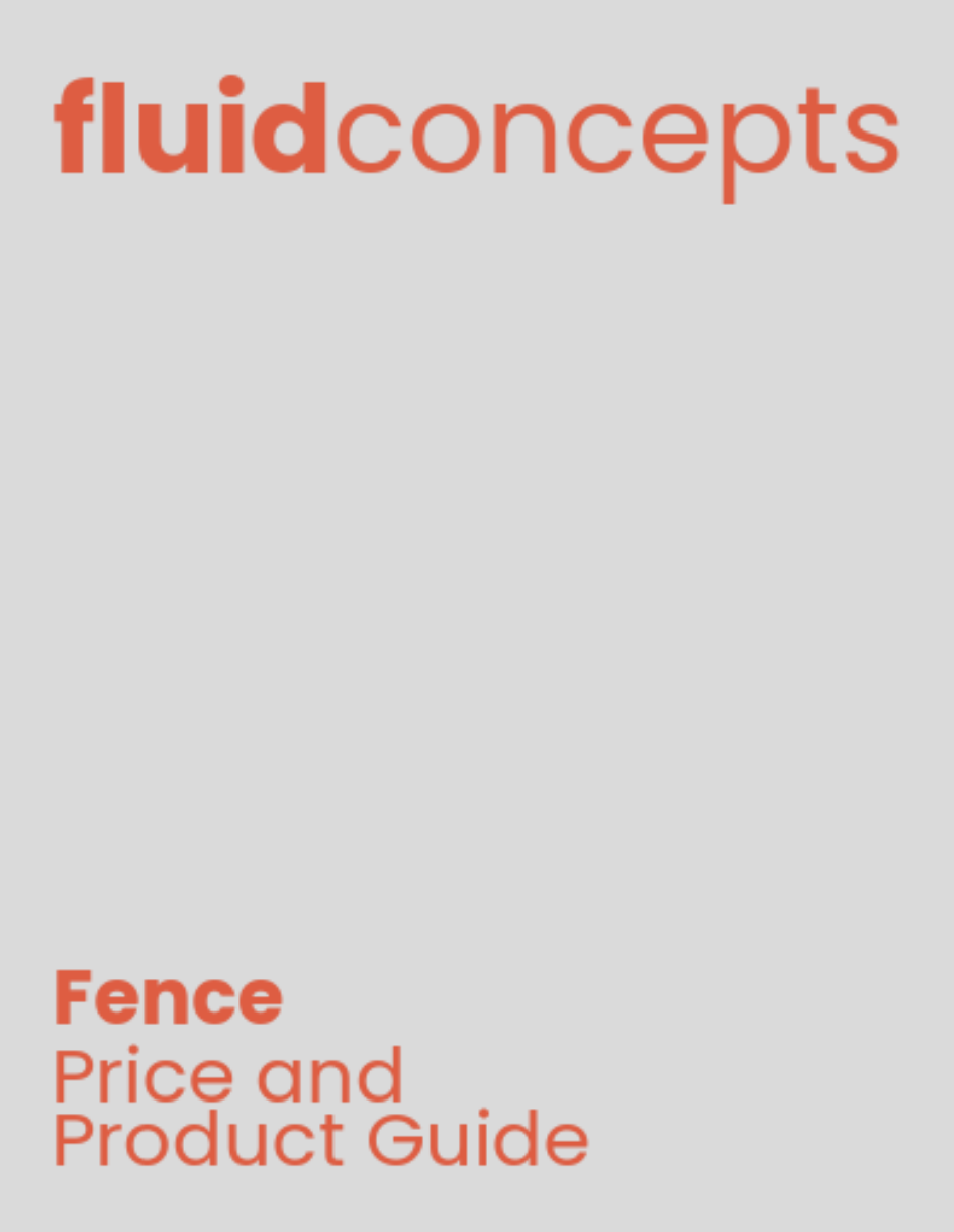 Cover page of a guide titled 'Fence Price and Product Guide' by Fluid Concepts, with the title in large red text on a light gray background.