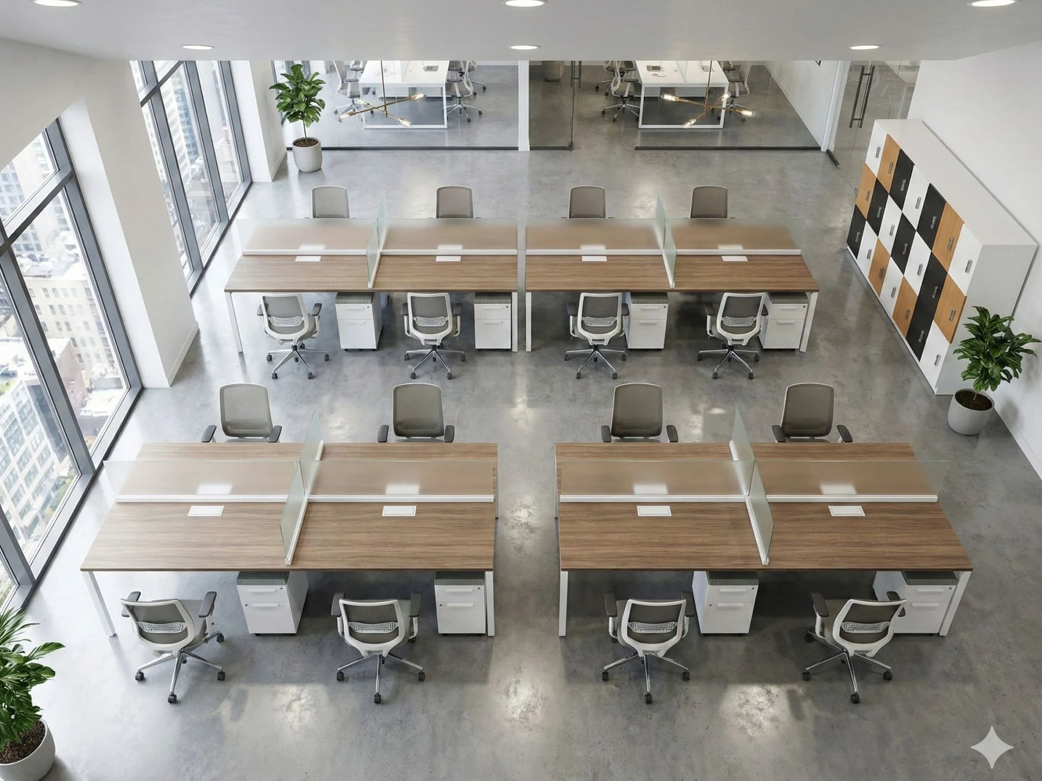 Modern office space with long desks, office chairs, glass partitions, lockers, large windows, and potted plants.