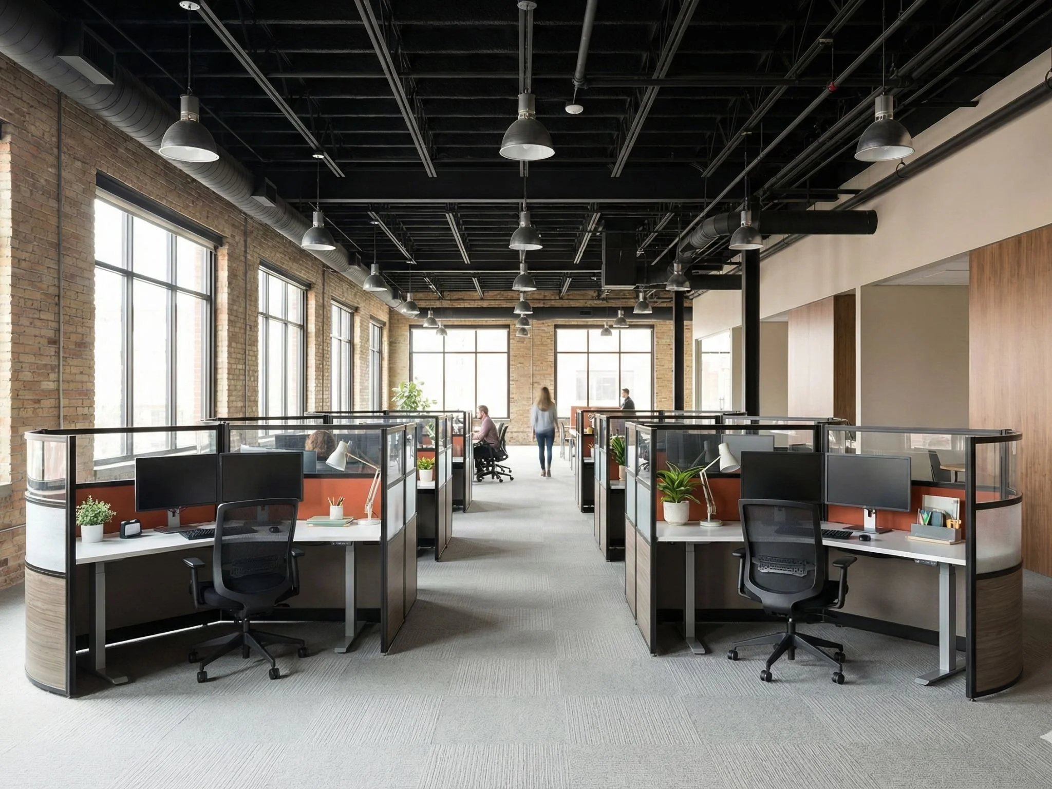Modern open-concept office with cubicles, large windows, exposed brick walls, and ceiling with black pipes and hanging lights.