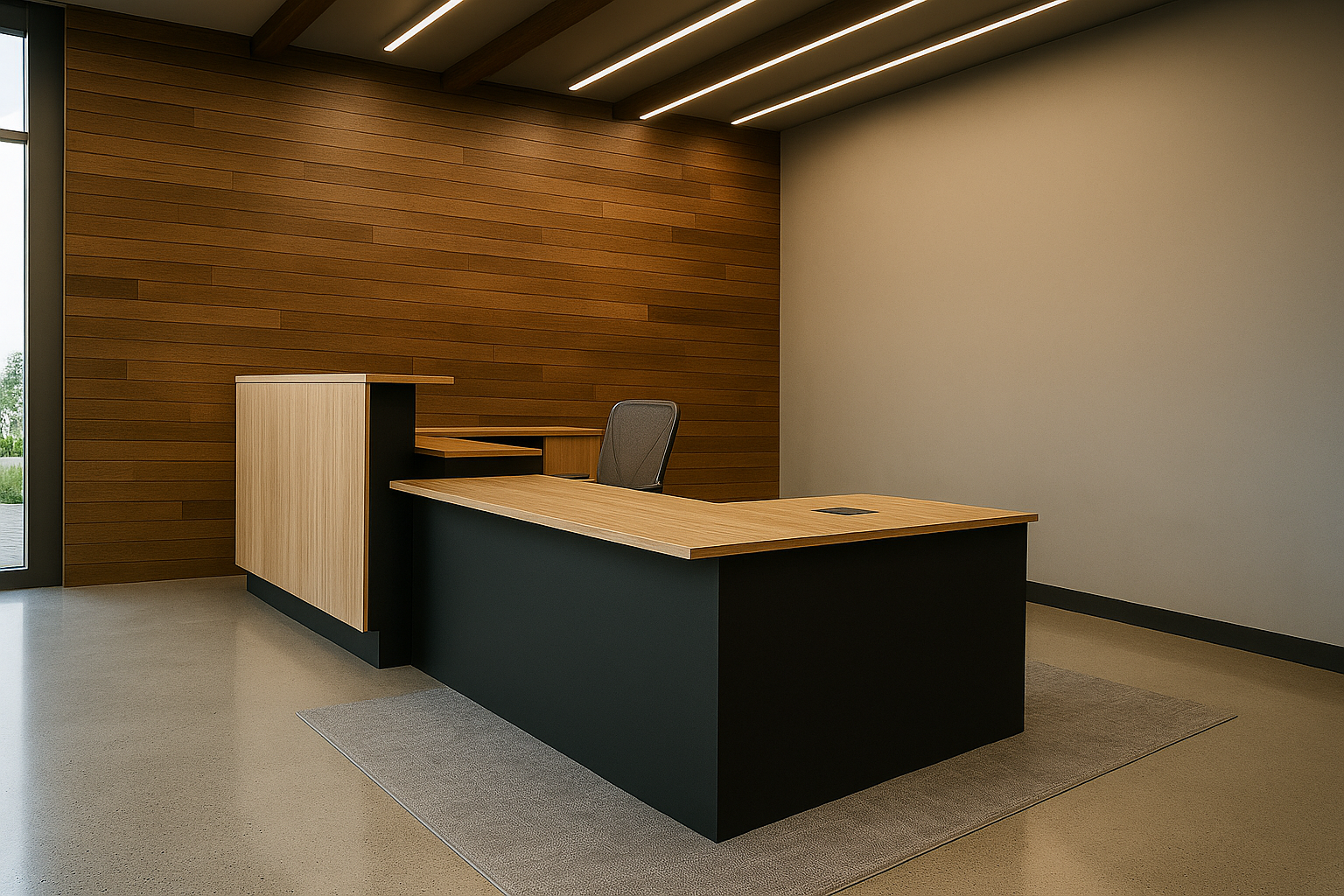 Empty modern office reception desk with wood finish, grey chair, and wooden paneled wall with ceiling lights.