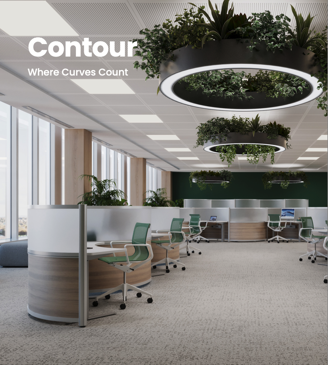 Modern office workspace with white desks, green chairs, and large circular plant fixtures hanging from the ceiling.