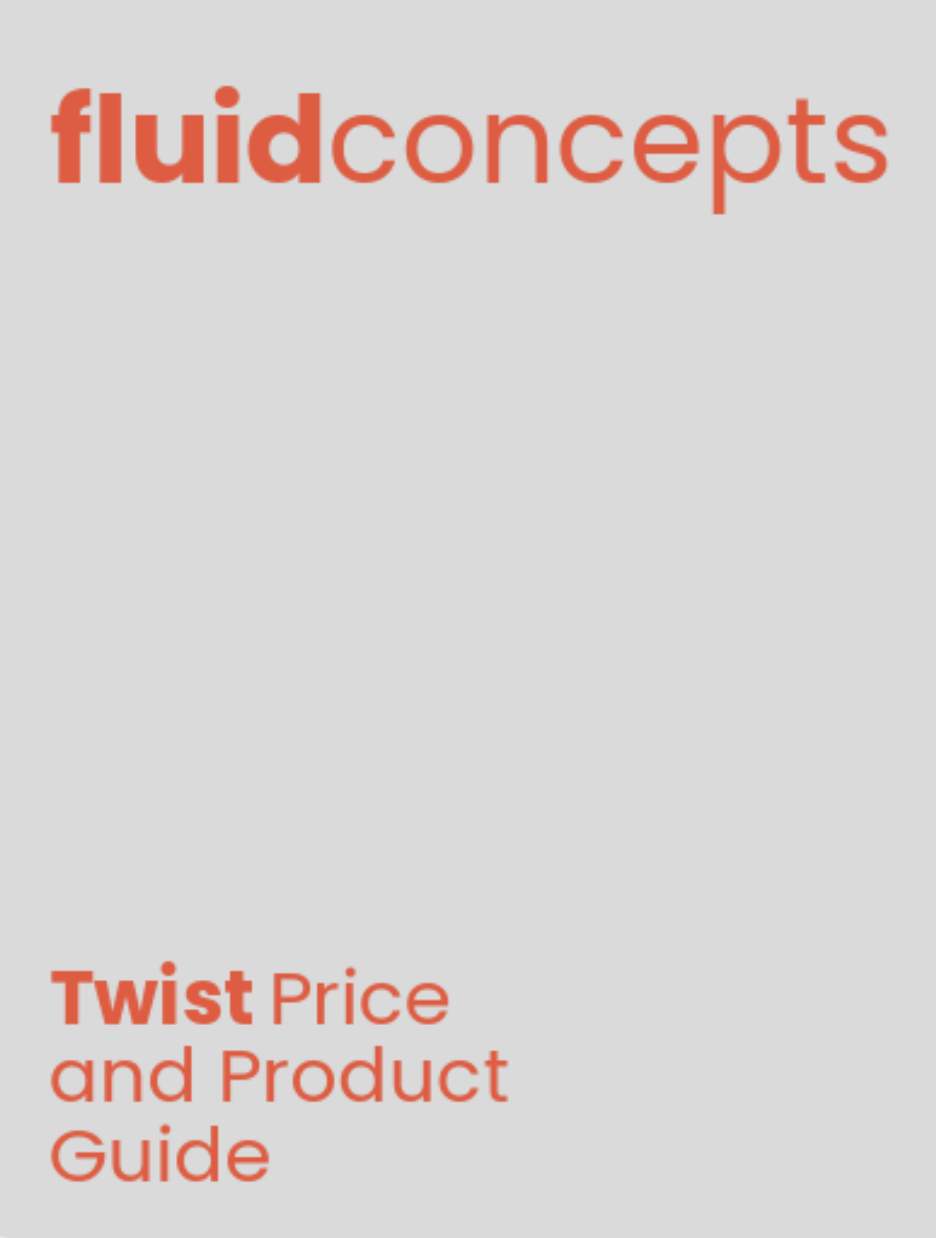Cover page of a guide titled 'fluidconcepts Twist Price and Product Guide' with a plain background and red text.
