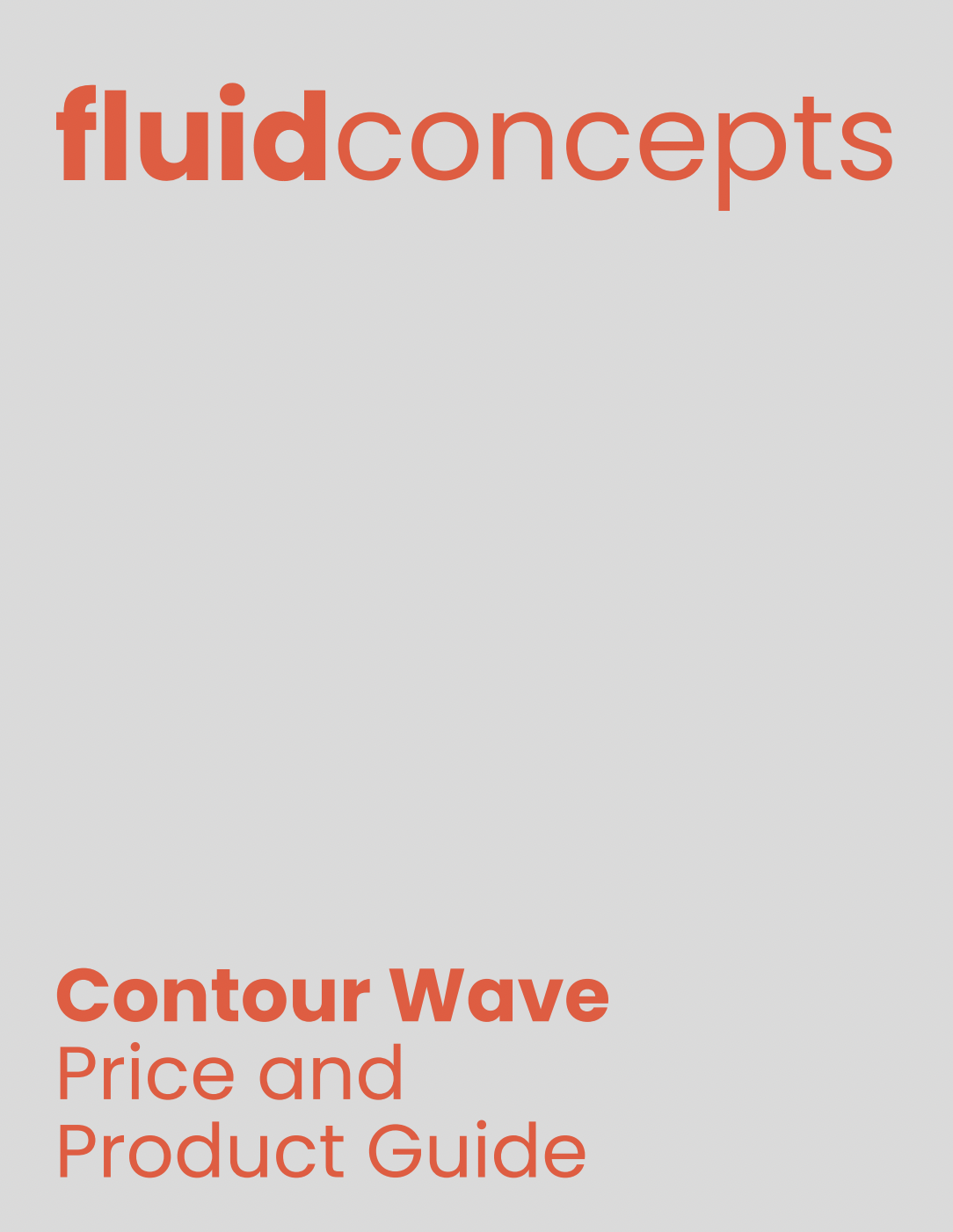 Cover page of a guide titled "Contour Wave Price and Product Guide" with the "fluid concepts" logo in large red text at the top on a gray background.