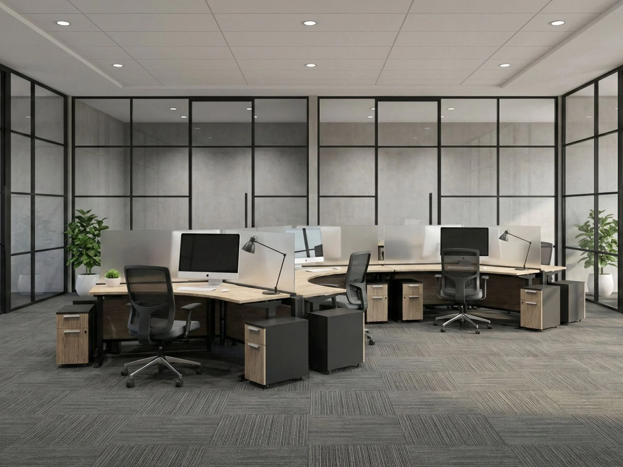 A modern, open-plan office with desks, chairs, computers, and plants, separated by glass partitions.