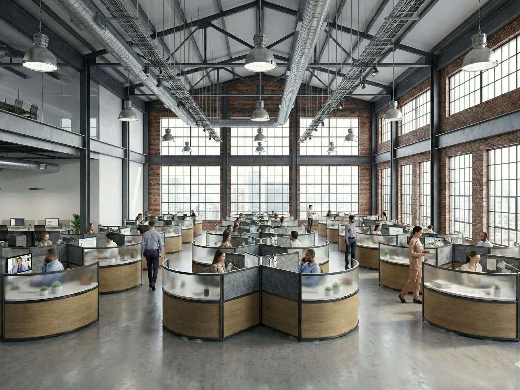 Open-plan office with high ceilings, exposed brick walls, large windows, and industrial lighting. Employees work at individual cubicles with computers, while some walk around or talk.