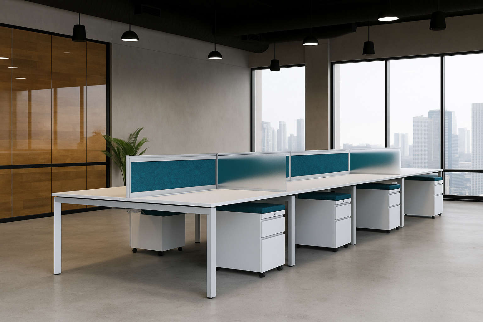 Empty modern office workspace with four white desks, blue privacy panels, office chairs, large windows with city view, and indoor plant.