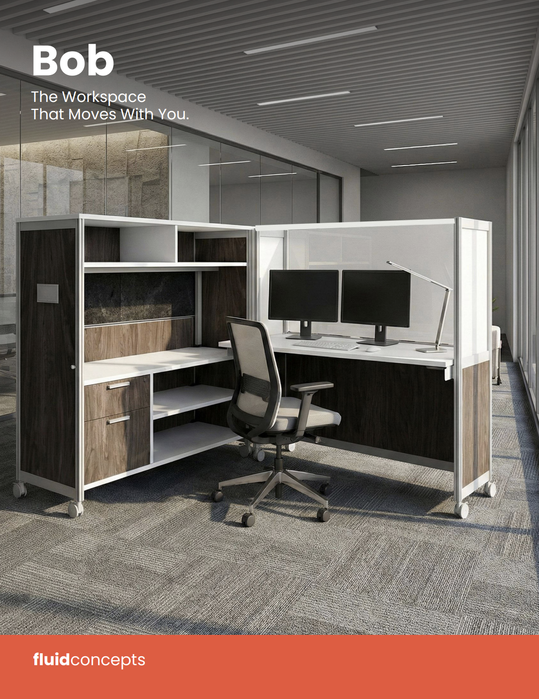 Modern office workspace with two computer monitors, an ergonomic office chair, and a wooden desk partition, in a room with glass walls and gray carpeting.