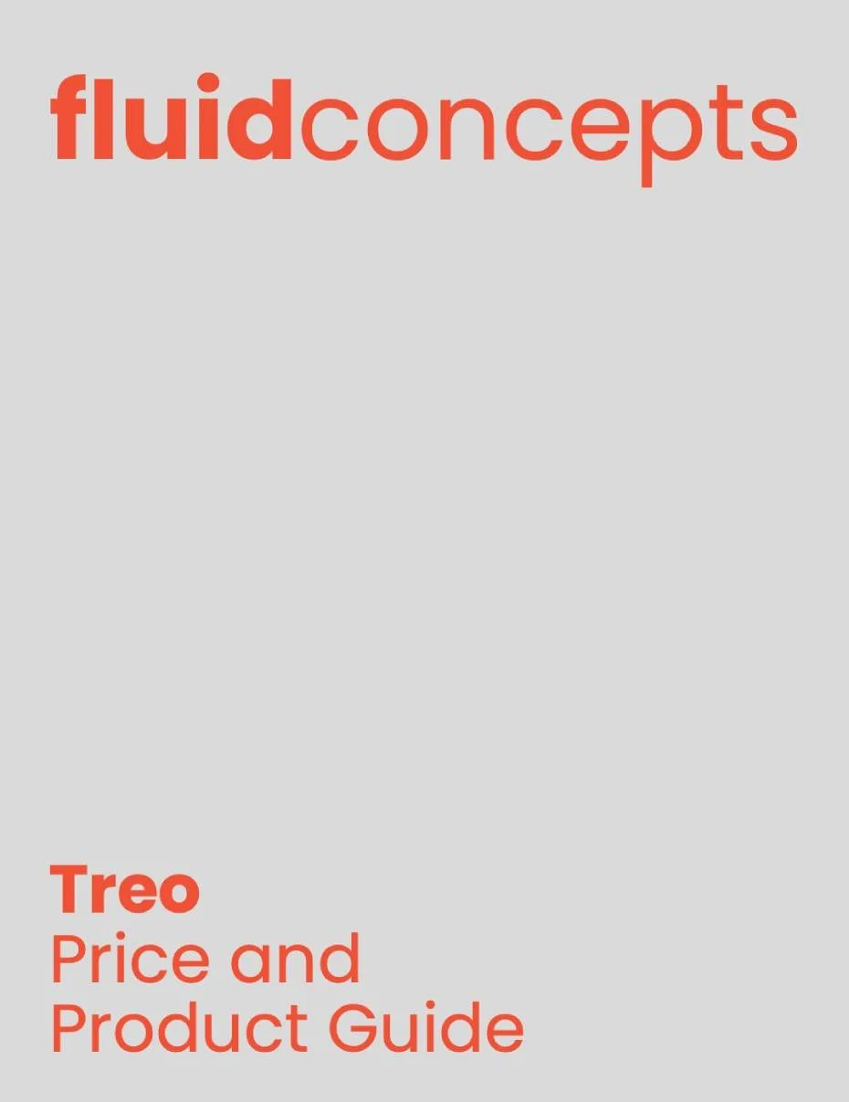 Cover page of a guide titled 'fluidconcepts Treo Price and Product Guide' with a light gray background and orange text.
