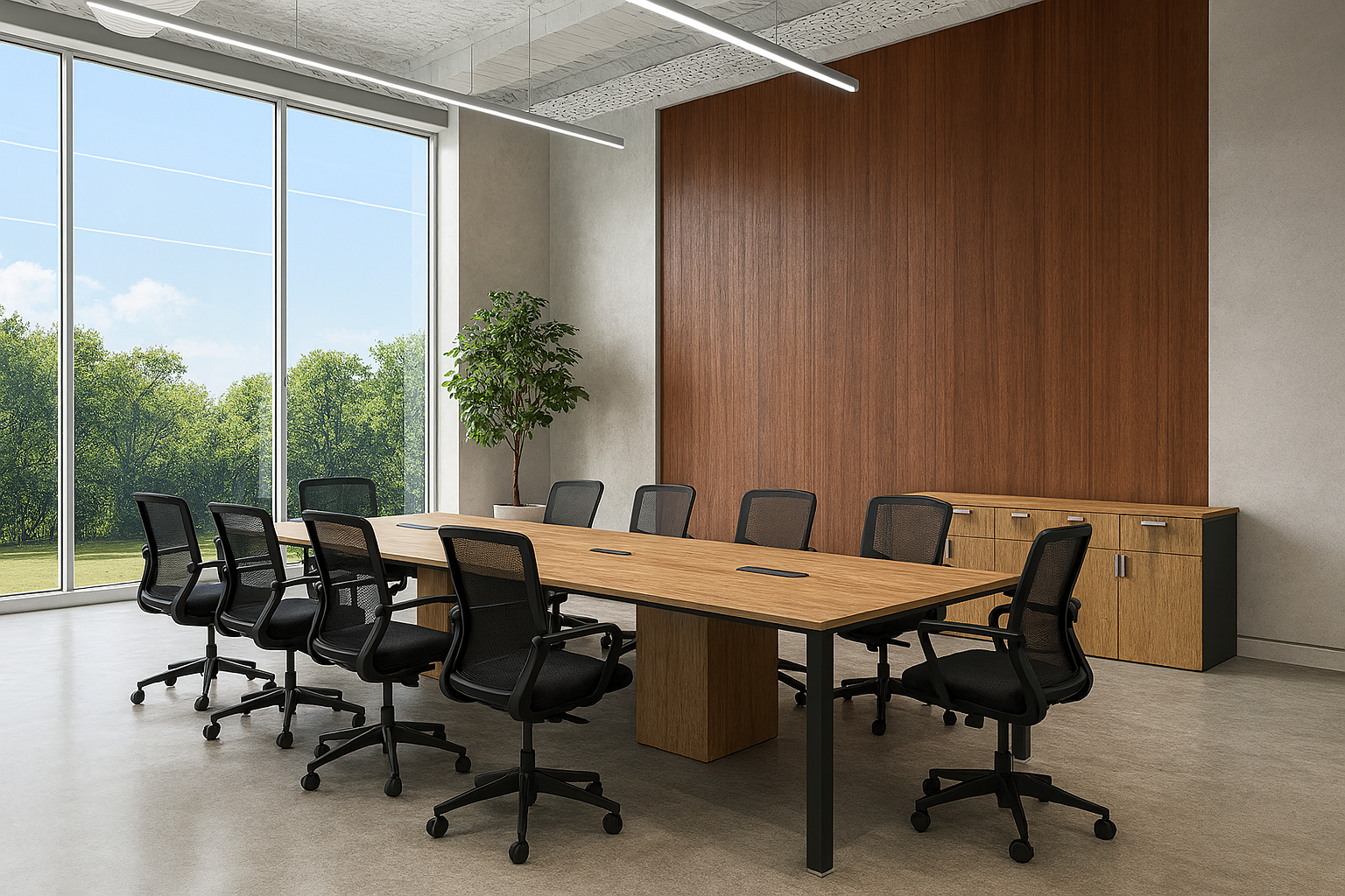 Modern conference room with large wooden table and nine black office chairs. Floor-to-ceiling windows show green trees and a blue sky outside. A potted plant is in the corner and a wooden cabinet against the wall.