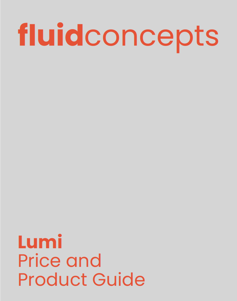 Cover of a guidebook titled 'fluid concepts Lumi Price and Product Guide' with gray background and red text.
