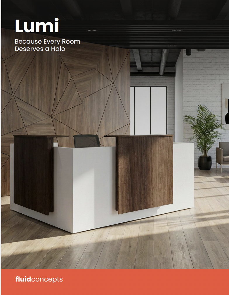 Modern office reception desk with white and wood panels, situated in a bright, stylish interior with wooden flooring, a potted plant, and large windows.