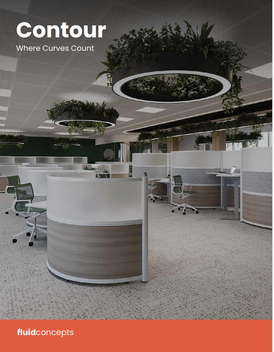 Modern office space with circular workstations and ceiling-mounted planters with greenery.