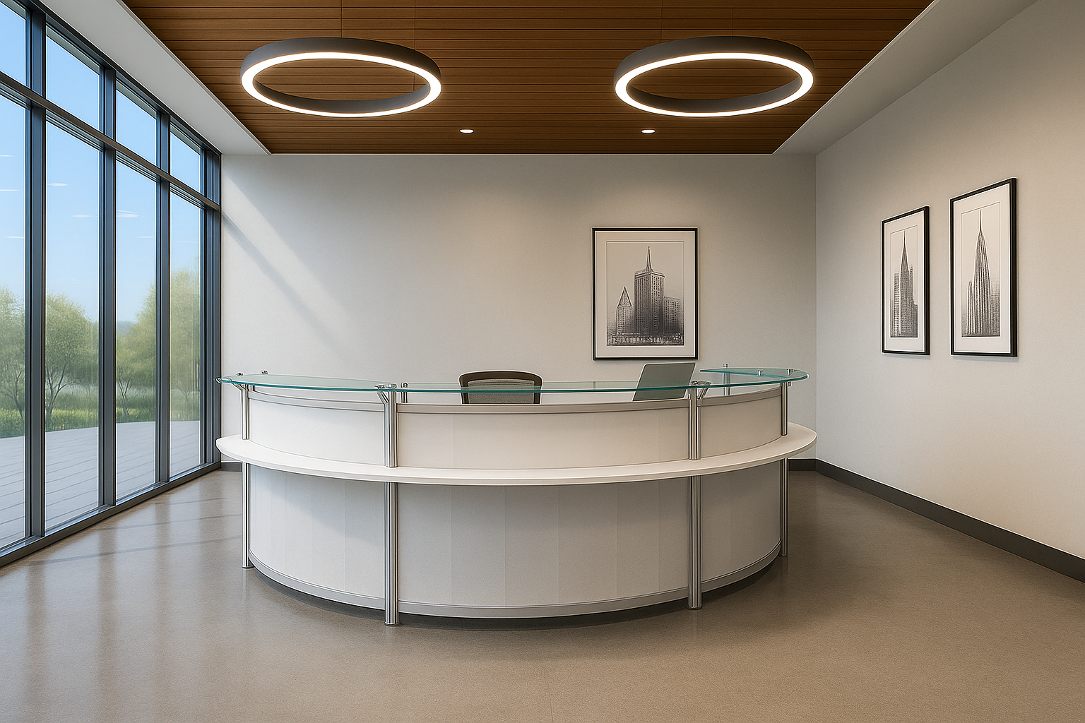 Modern reception area with a white semi-circular desk, two office chairs, framed black-and-white architectural photos on the wall, large floor-to-ceiling windows, and circular ceiling lights.