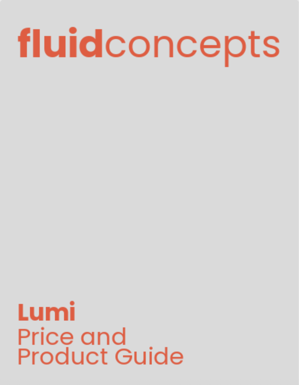 Cover page of a guide titled 'fluidconcepts Lumi Price and Product Guide' with a grey background and red text.