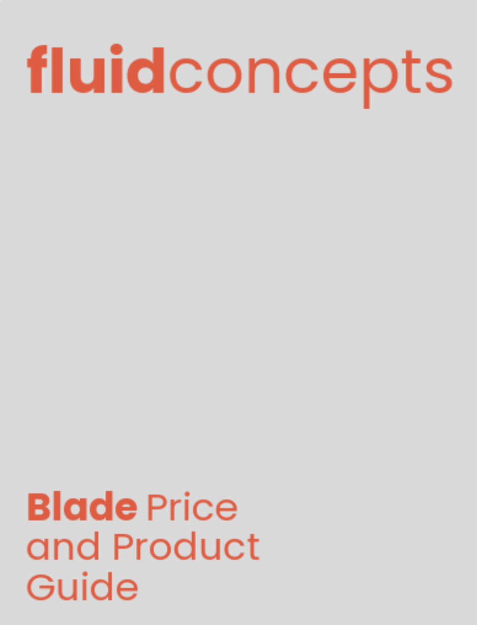 Cover page of a guide with the title 'fluidconcepts' and subtitle 'Blade Price and Product Guide' in red text on a gray background.