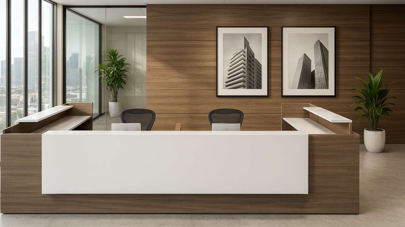 Modern office reception desk with two black chairs, framed black and white architecture photos on a wood-paneled wall, with large windows and potted plants.