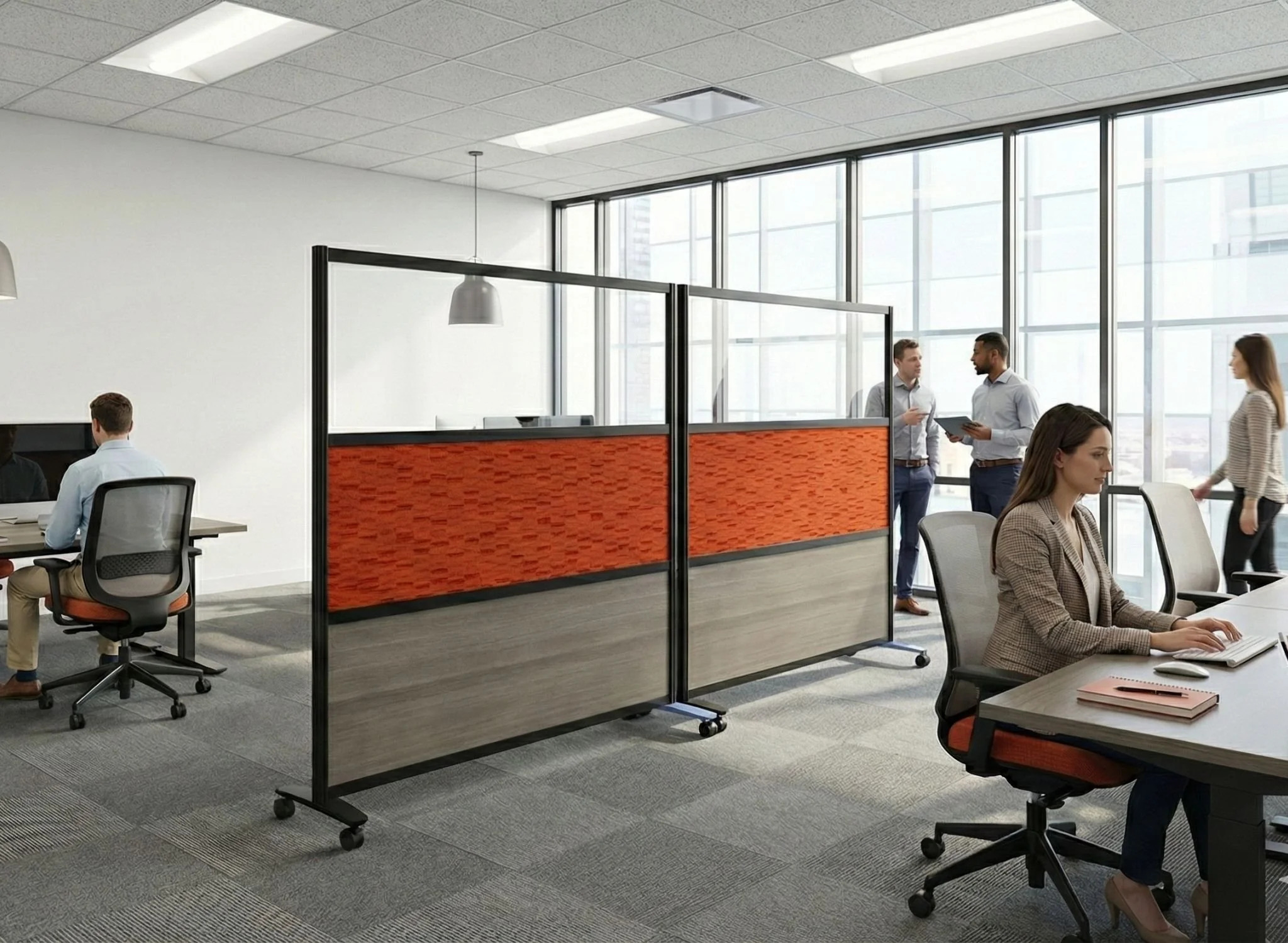 Modern office space with large windows, multiple workstations with chairs, and people working or talking.