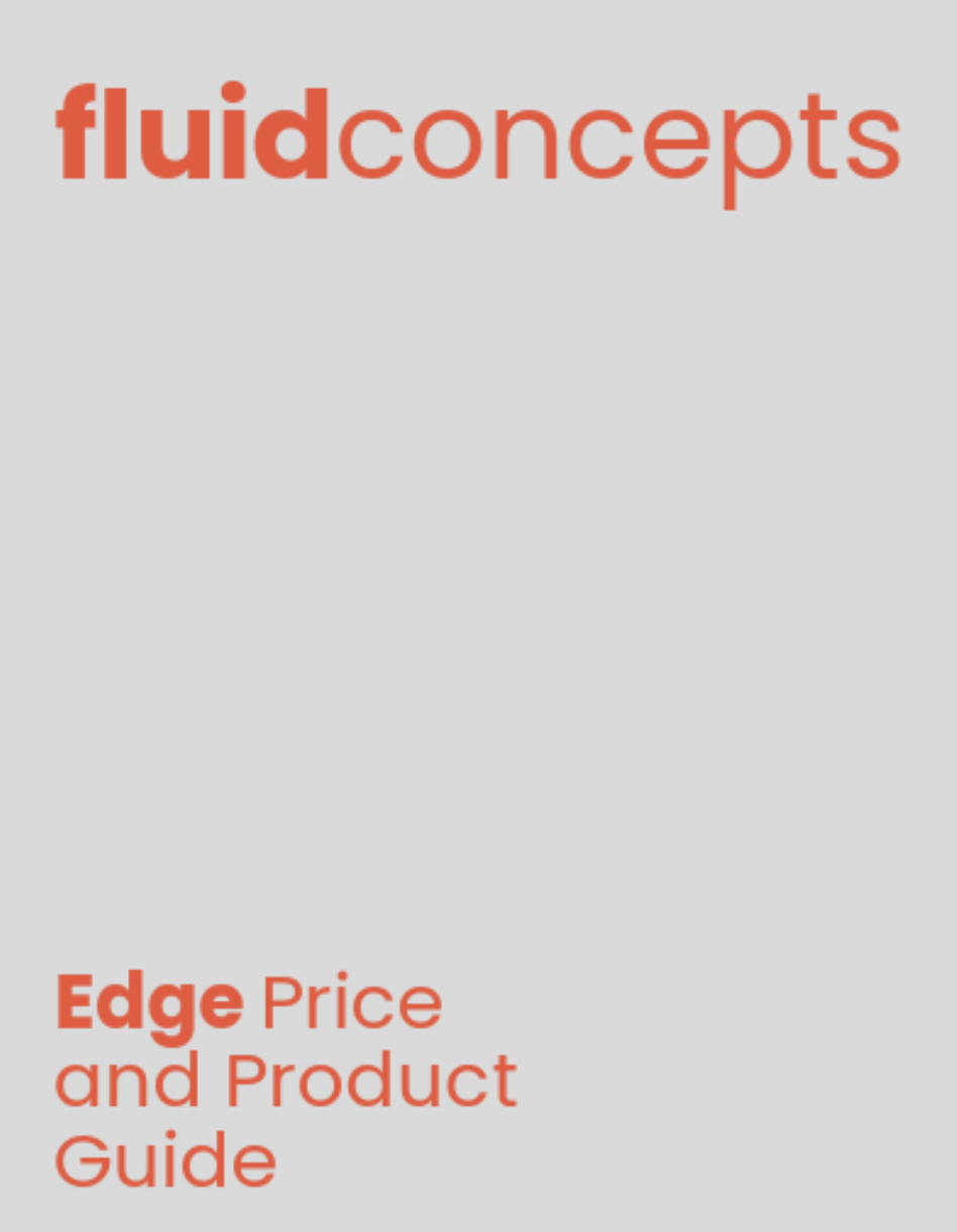 Cover page of a guide titled 'fluidconcepts Edge Price and Product Guide' in red text on a light gray background.
