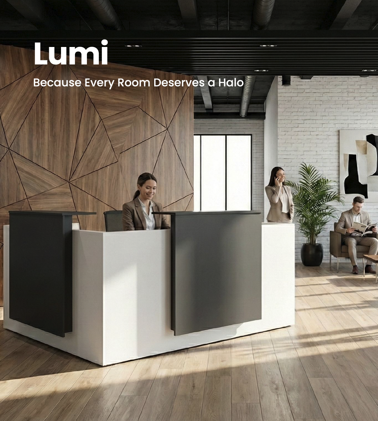 Modern office reception area with two women at the front desk, one on the phone, and a man sitting on a chair reading a magazine. The space features wood flooring, a large potted plant, white brick walls, contemporary artwork, and a geometric wooden wall design.