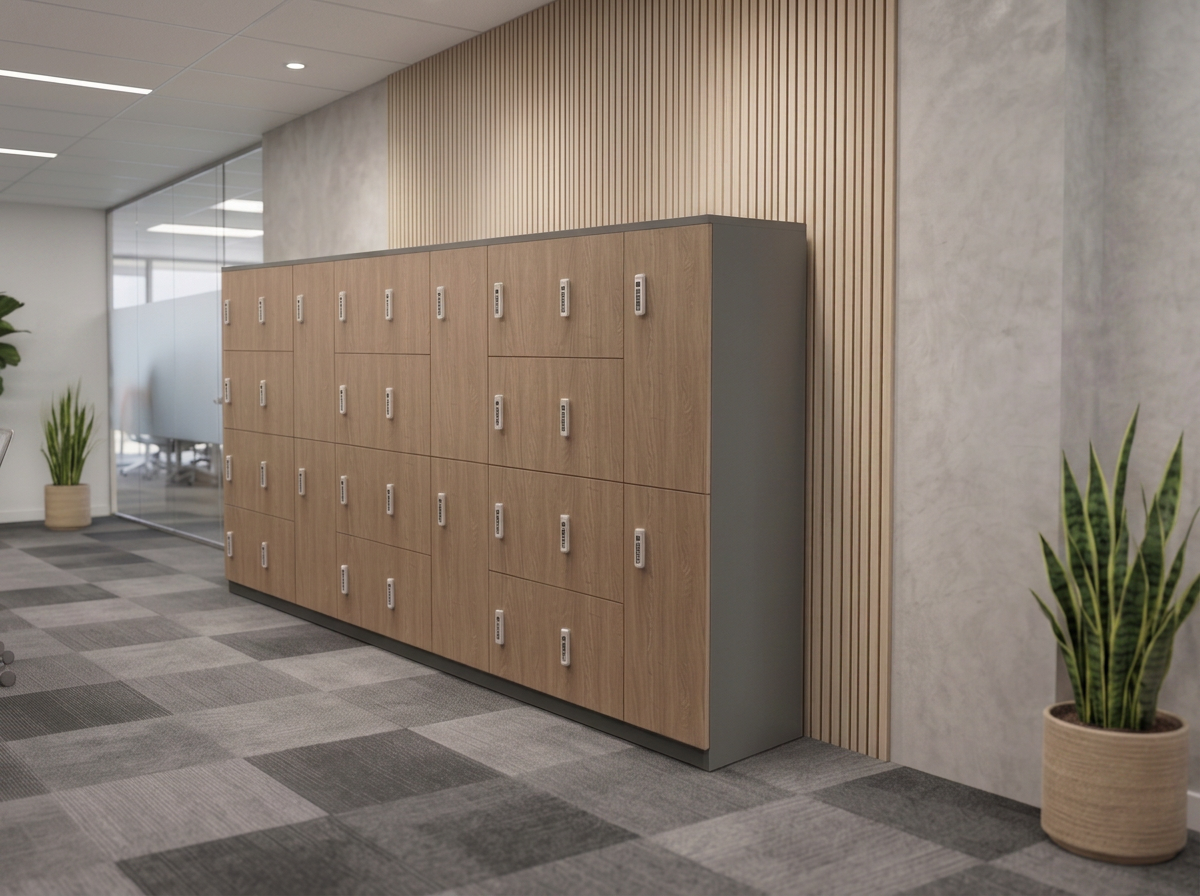Lockers in a modern office with potted plants and glass wall in the background.