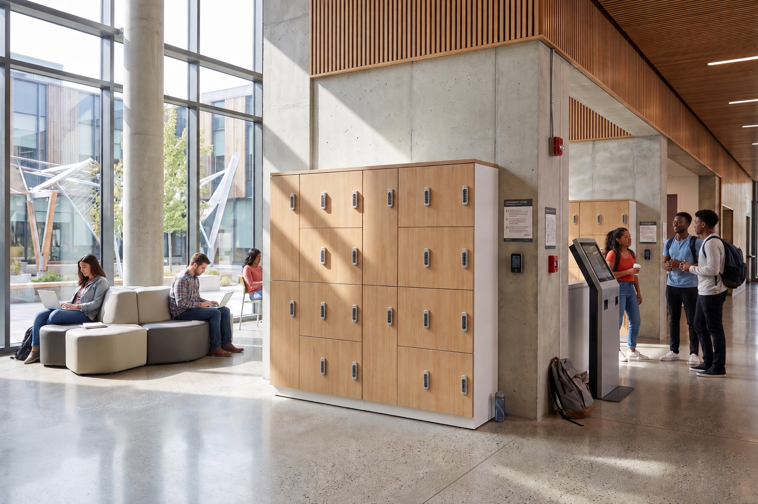 Students sitting and working on laptops in a modern school lobby with wooden lockers, large windows, and a group of students talking near self-check-in kiosks.