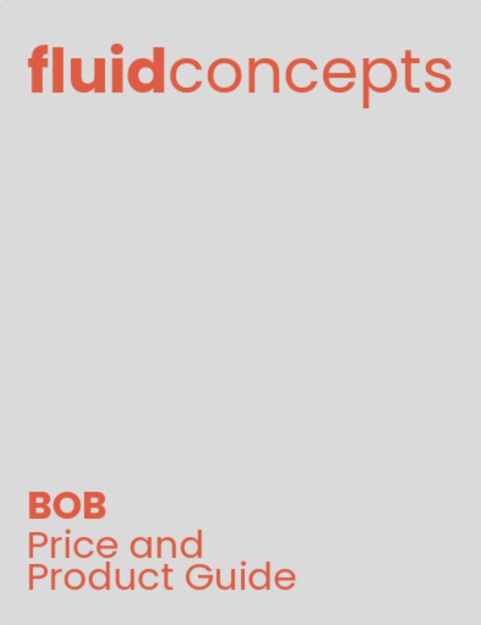 Cover page of a guide titled 'Fluid Concepts: BOB Price and Product Guide' with a gray background and red text.
