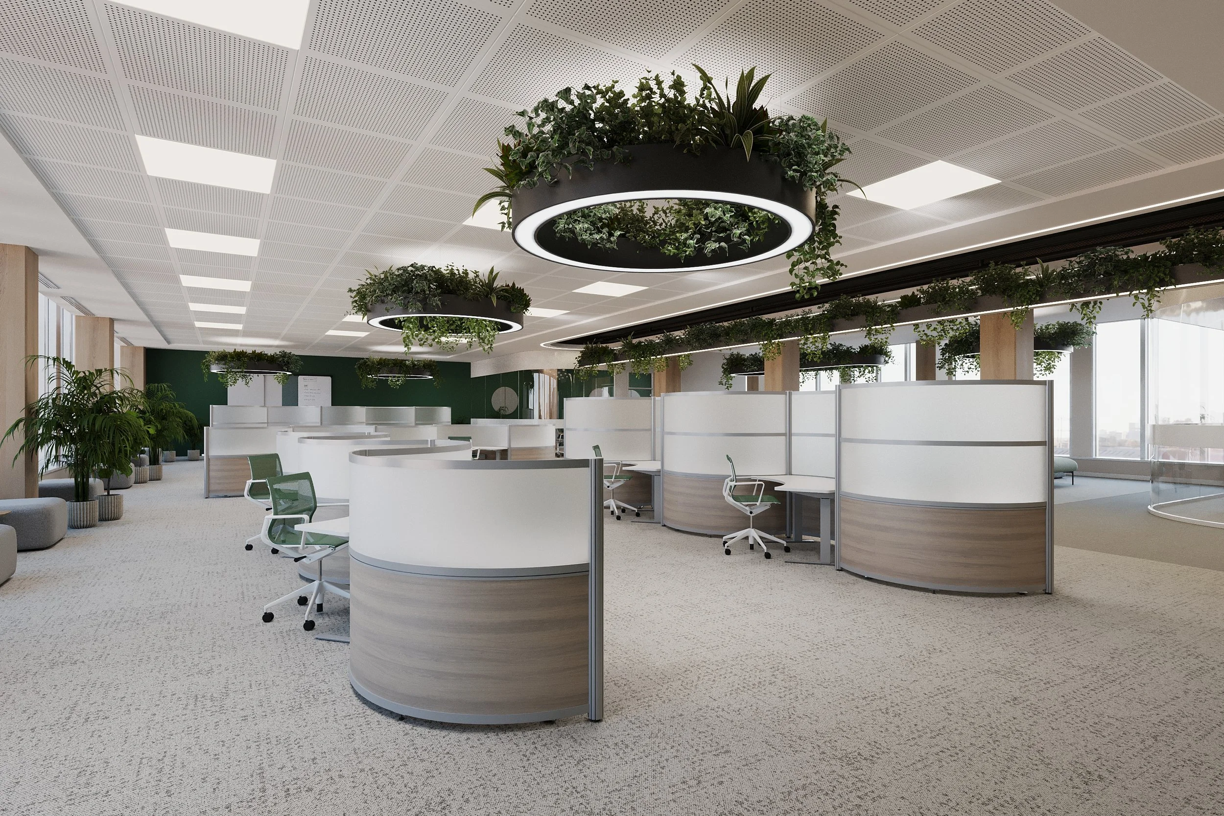 Modern office space with white curved desks, green office chairs, large windows, and hanging circular planters with green plants.