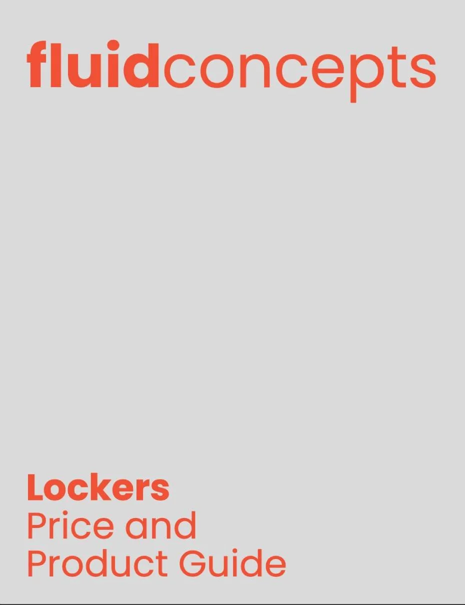 Cover page of a booklet or brochure with the title 'fluidconcepts' and subtitle 'Lockers Price and Product Guide' in orange text on a light gray background.