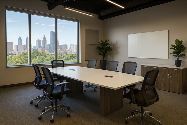 Empty modern conference room with a long white table, six black office chairs, large window showing city skyline and green trees, potted plants, and a whiteboard on the wall.