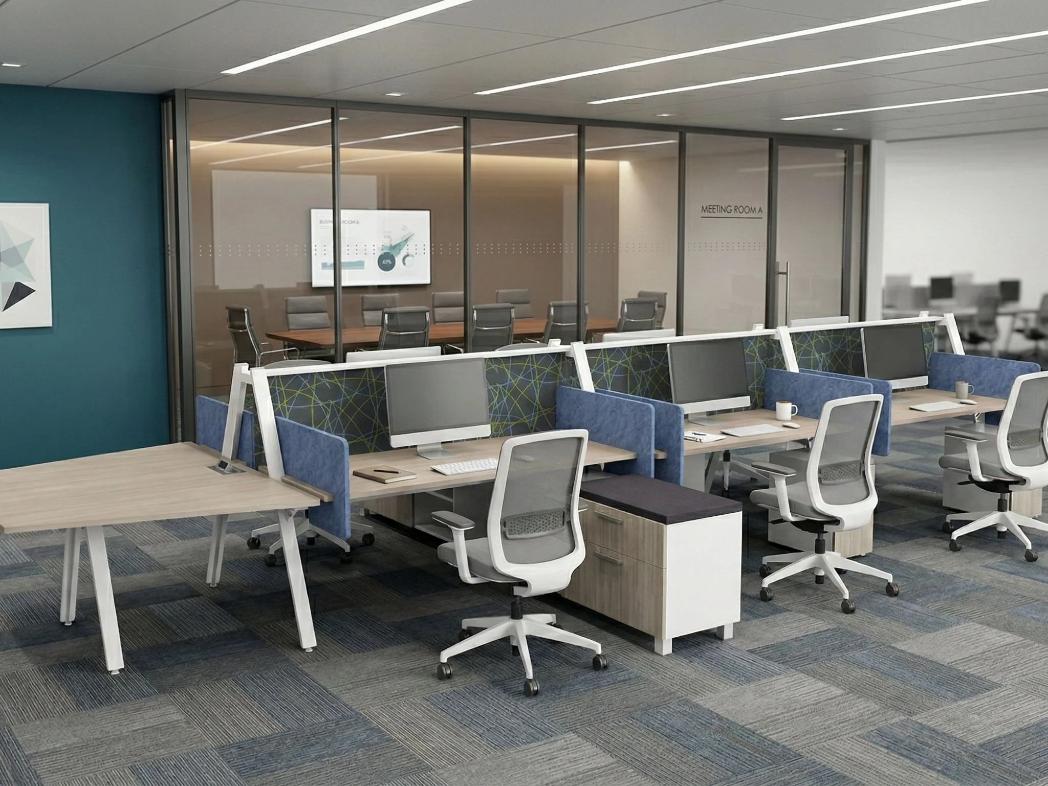 Modern office space with a glass-walled conference room and open workspace with multiple desks and chairs.