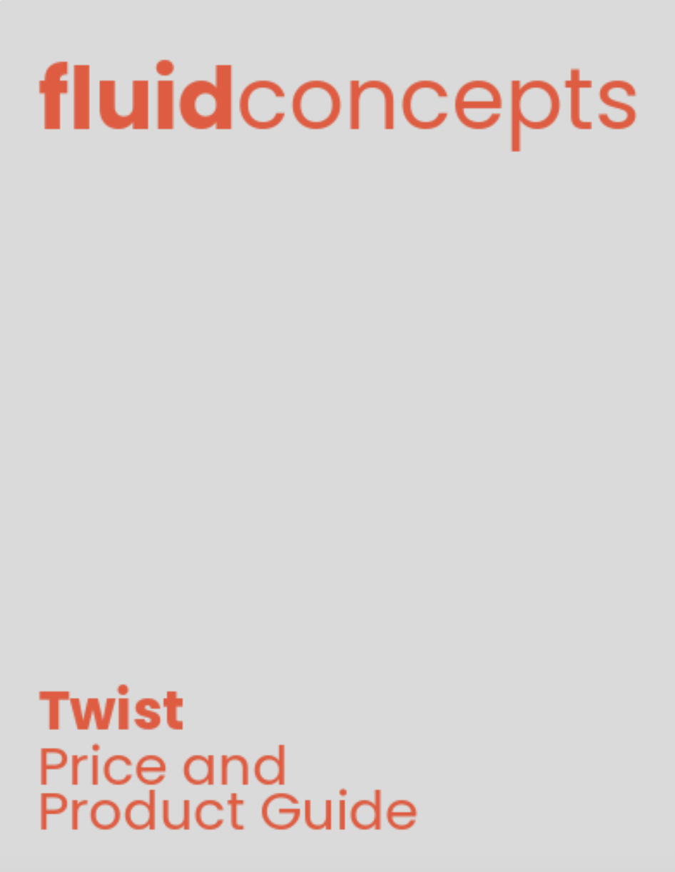 The cover page of a guidebook titled 'fluid concepts' with a subtitle 'Twist Price and Product Guide' on a light gray background, with the title and subtitle in bold red text.