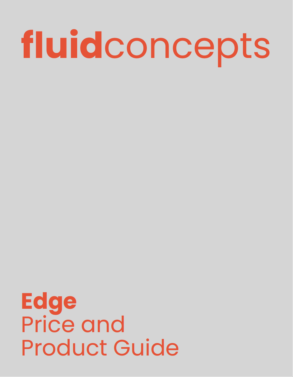 Cover page of a guide titled 'fluidconcepts Edge Price and Product Guide' in red text on a gray background.