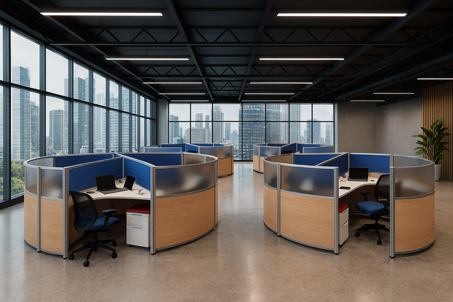 An empty office with multiple workstations enclosed by cubicle partitions under a modern ceiling with fluorescent lights, large floor-to-ceiling windows showing a city skyline.