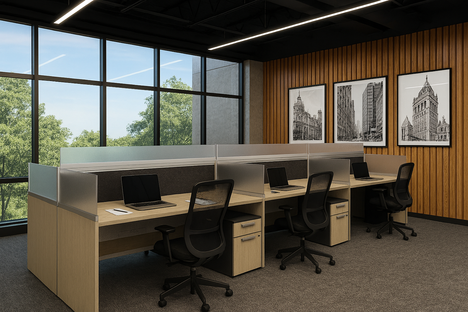 Modern office space with four workstations, black swivel chairs, laptop computers, and a wooden wall with three framed black and white cityscape photographs.