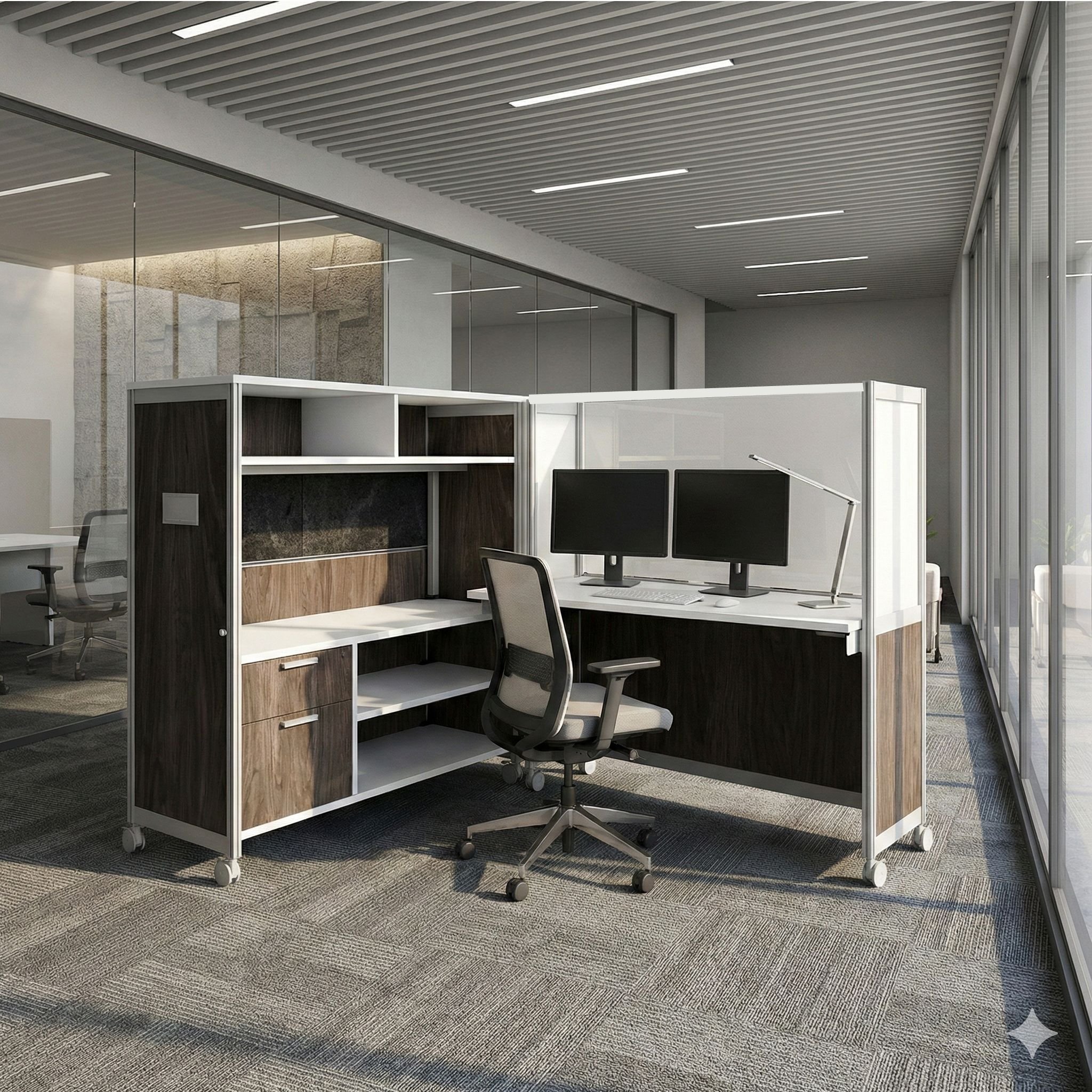 Modern office space with cubicles, chairs, computers, glass walls, and a textured carpet, illuminated by ceiling lights.
