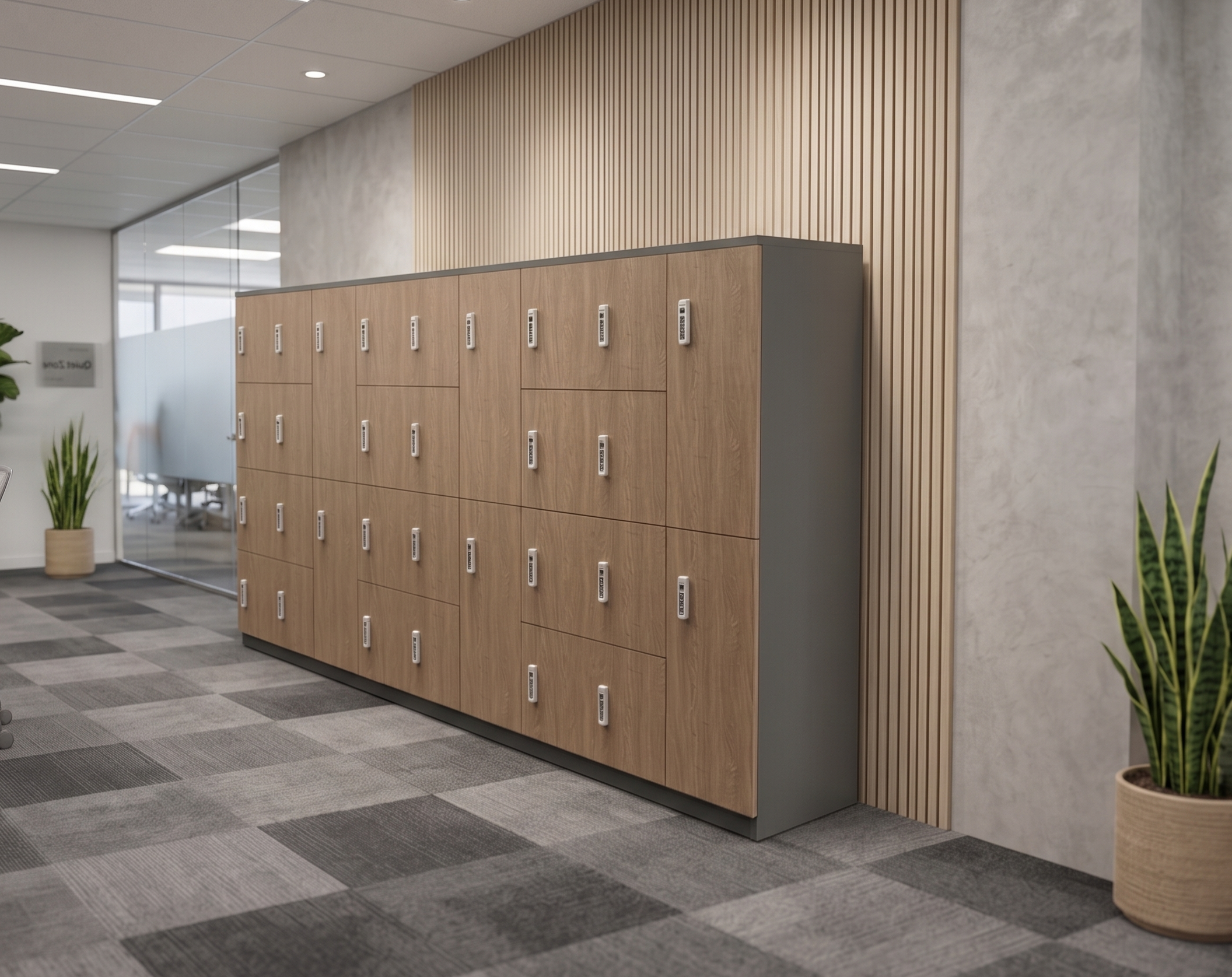Wooden lockers with digital locks in a modern office hallway, next to a wooden slat accent wall and potted plants.