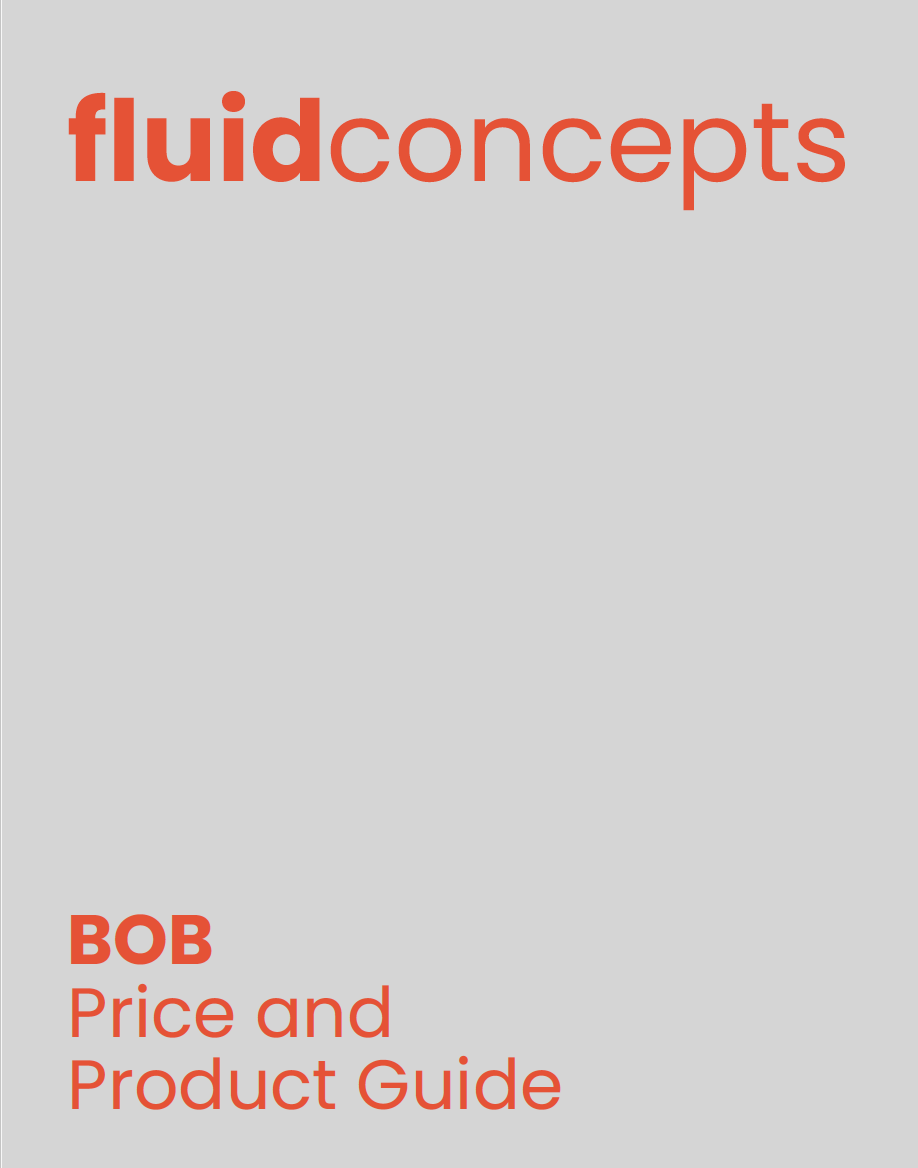 Cover page of a guide titled 'Fluid Concepts' by Bob, labeled as 'Price and Product Guide' with a grey background and red text.
