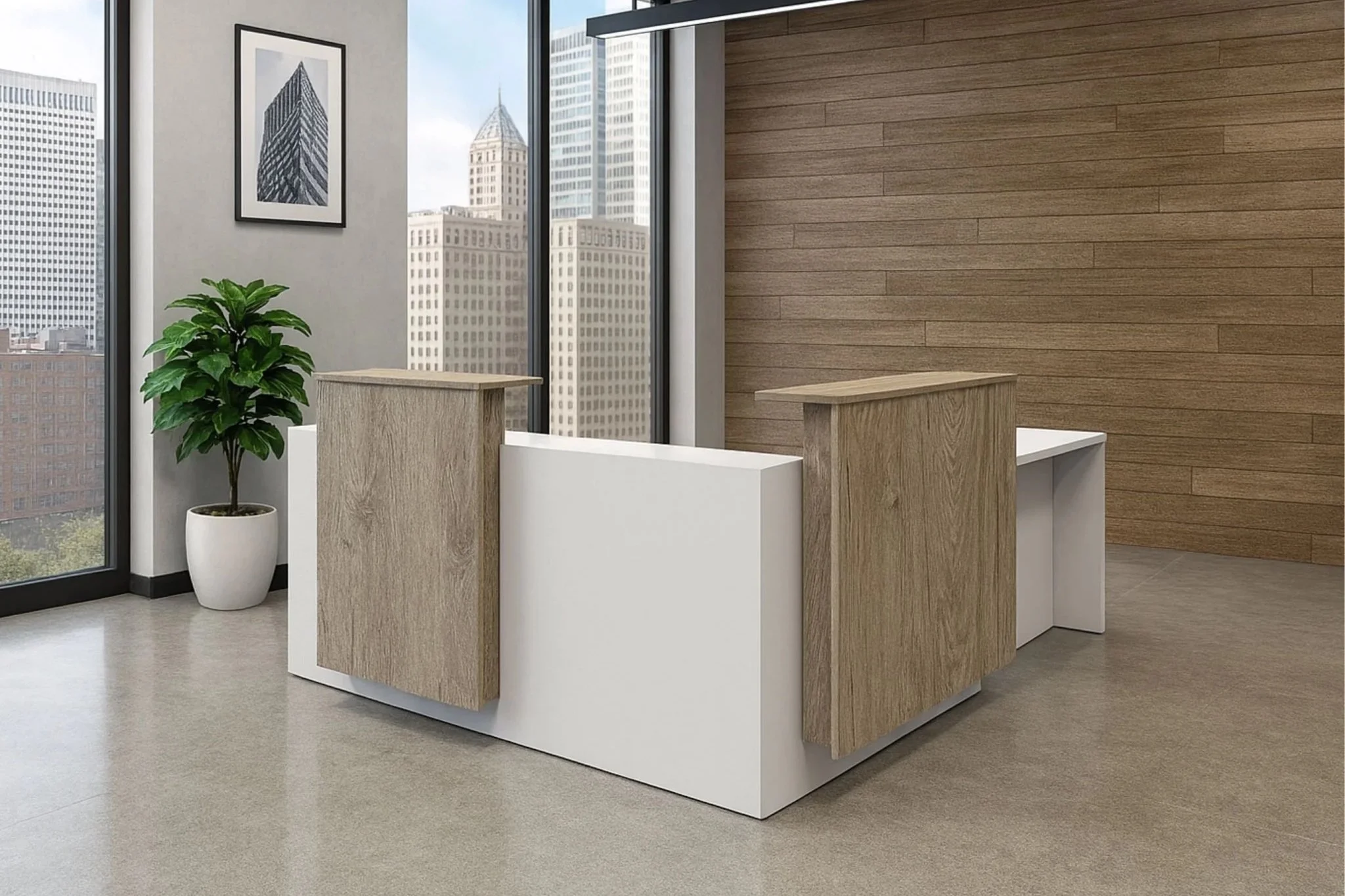 Modern office reception with wooden and white partition desk, potted plant, framed cityscape art, large windows showing tall city buildings, and polished concrete floor.