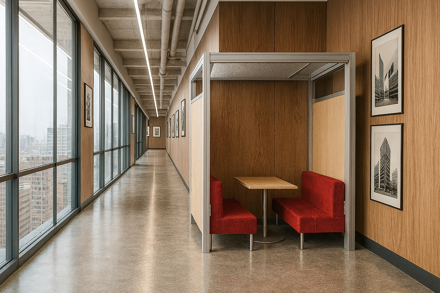 Empty modern office corridor with large windows on the left, wooden paneled walls decorated with framed black-and-white art, and a small semi-private booth with red seating and a wooden table on the right.