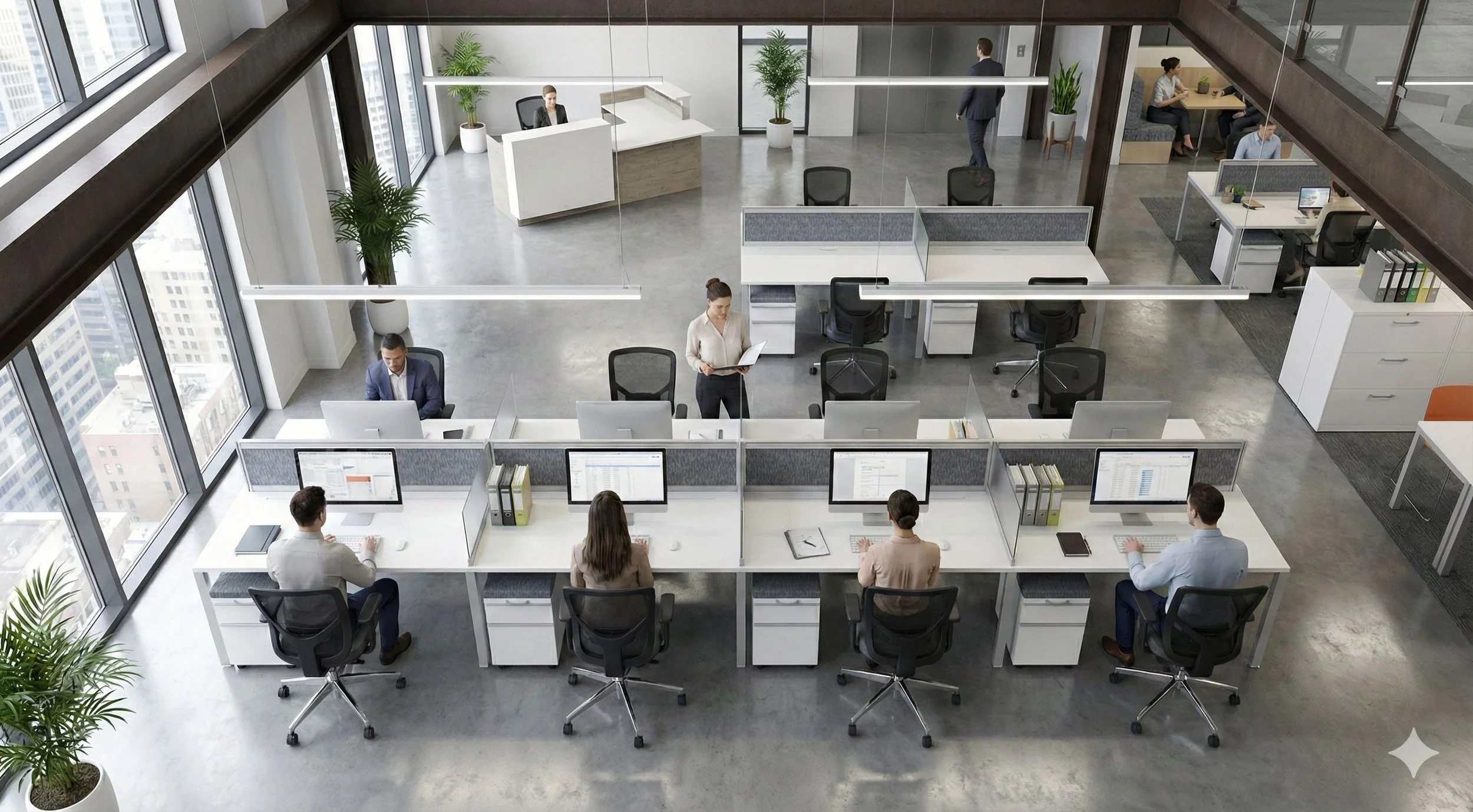 Modern open-plan office with employees working at desks, large windows, and indoor plants.