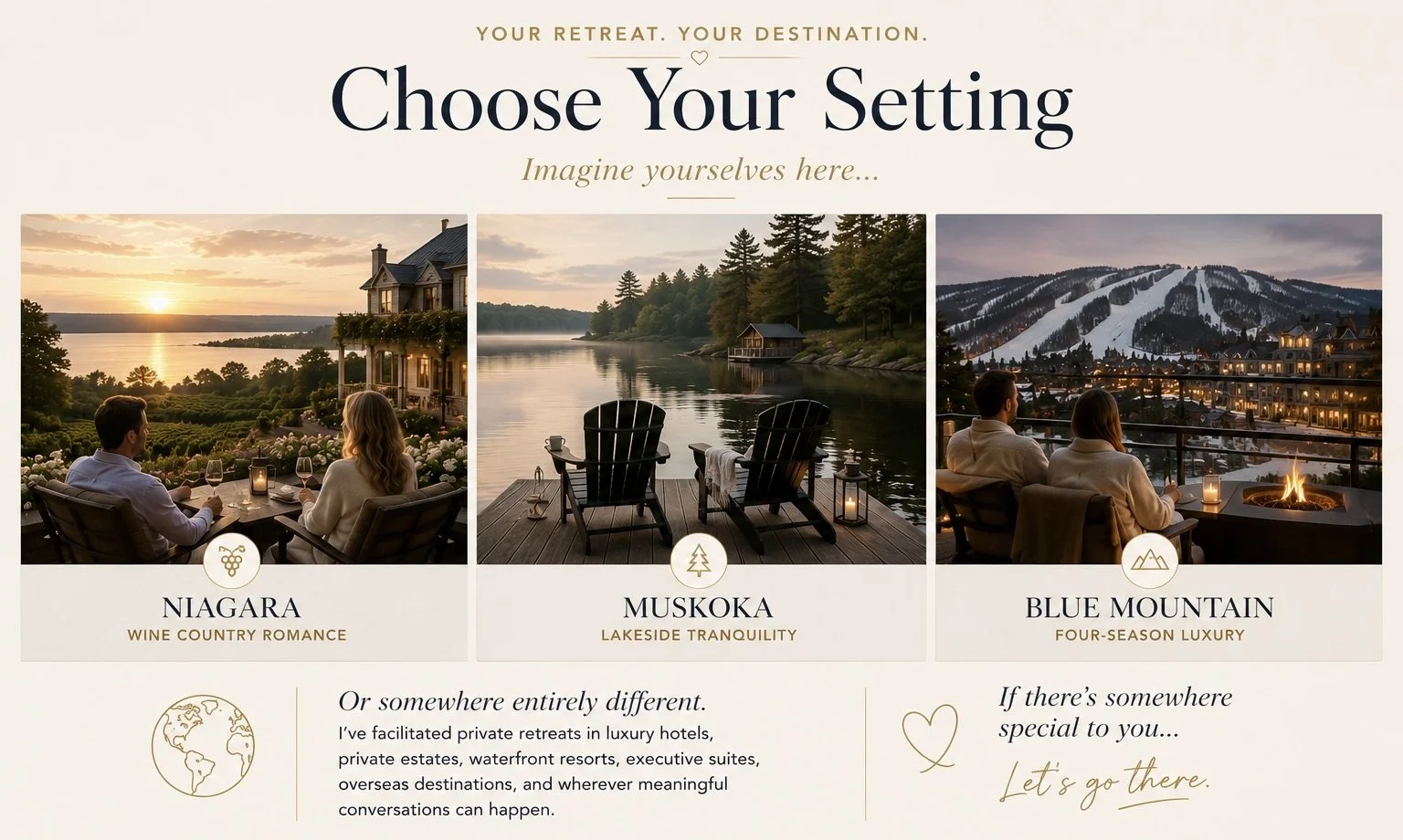 Private couples retreat destination options including Niagara wine country, Muskoka lakeside resorts, and Blue Mountain, Ontario.