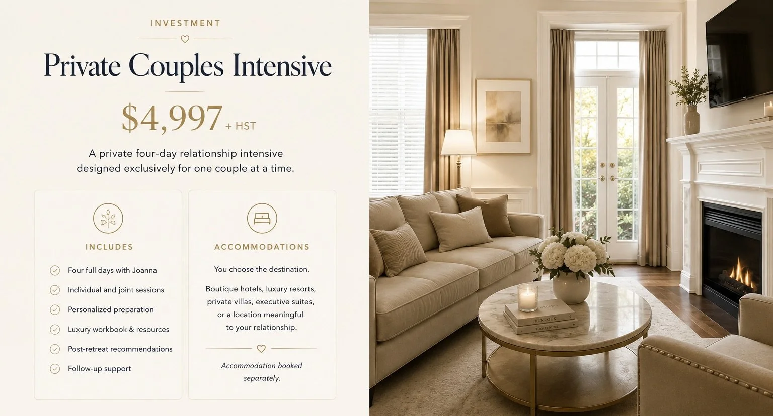 Private four-day couples intensive with individual and joint relationship counselling in a luxury retreat setting.