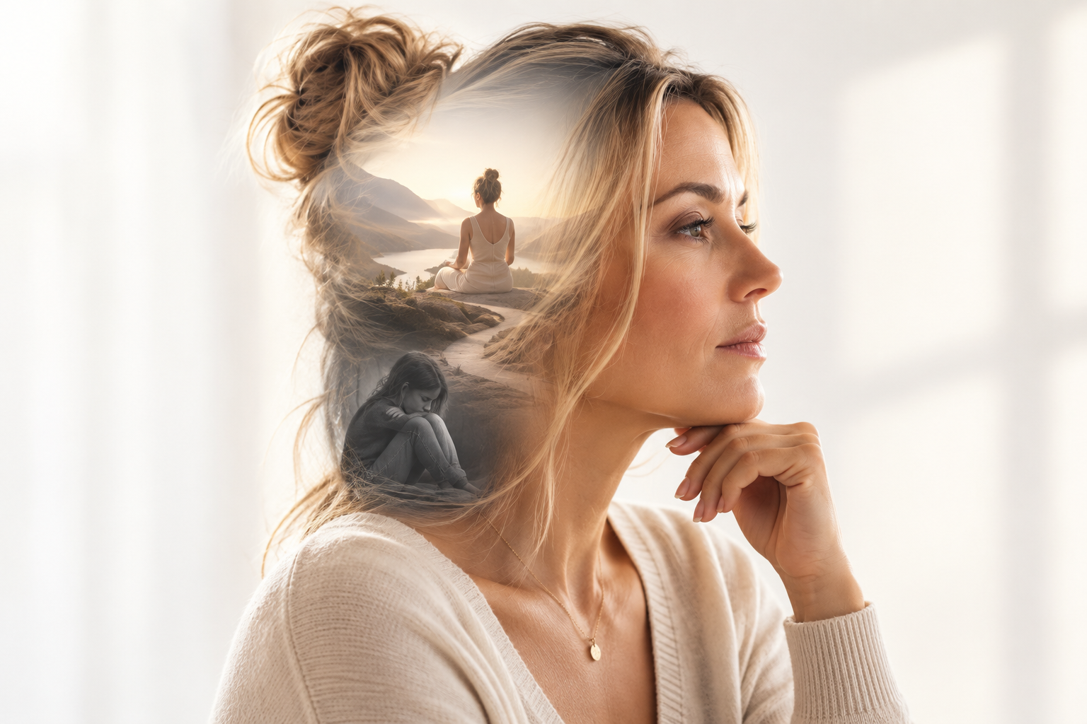 Woman reflecting on unconscious relationship patterns and emotional experiences as part of Rewrite Your Love Algorithm.